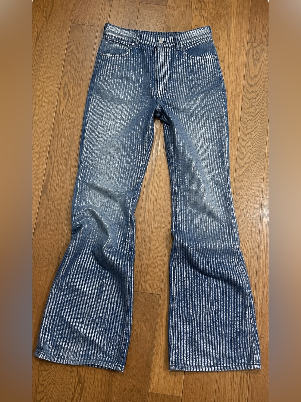 Free People West Coast Metallic Flare Jeans in Country Blue Sz 32